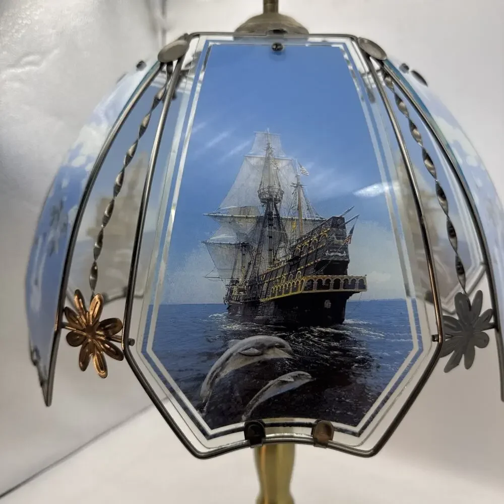 Vintage Y2K OK Lighting Touch Lamp, Marine Dolphins Shade, Gold Metal base